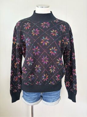 Vintage 80s Keneth Too Made in USA Black Neon Fair Isle Sweater